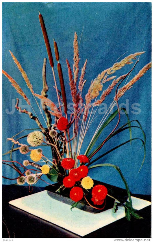straws - cat's-tail - flowers - ikebana - flower composition - Decorative Bouquets - 1969 - Russia USSR - unused - JH Postcards