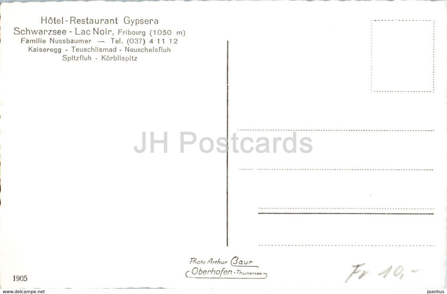 Schwarzsee - Lac Noir - Hôtel Restaurant Gypsera - 1905 - carte postale ancienne - Suisse - inutilisée