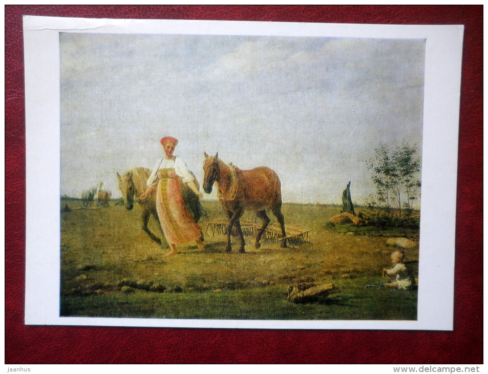 painting by Alexey Venetsianov - The Plow . Spring - woman in russian folk costumes - russian art - unused - JH Postcards