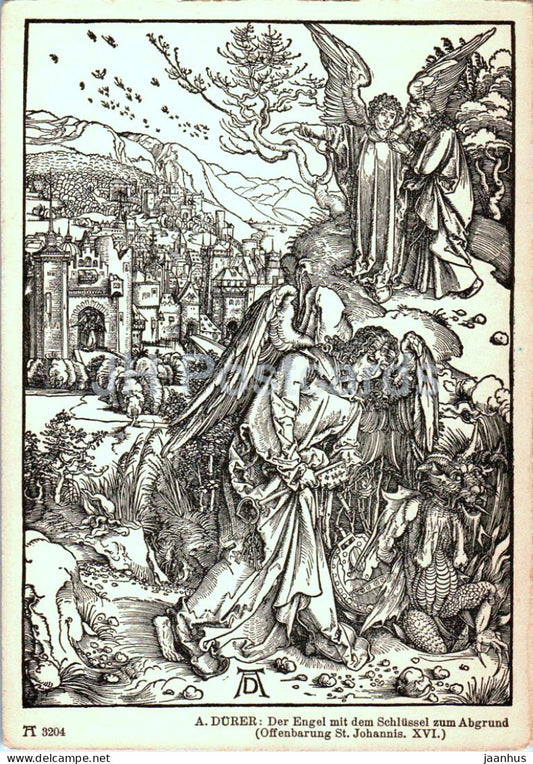 Engraving by Albrecht DÃ¼rer - Der Engel mit dem Schlussel zum Abgrund - German art - old postcard - Germany - unused - JH Postcards