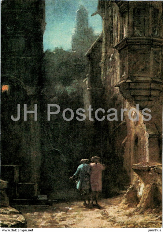 painting by Carl Spitzweg - Nachtliche Heimkehr - German art - Germany - unused - JH Postcards