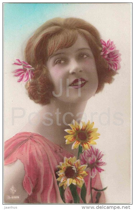 young woman with flowers - 3488 - circulated in Estonia 1930s - JH Postcards