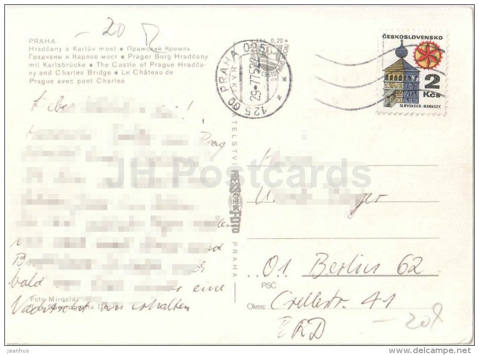 The Castle of Prague Hradcany and Charles Bridge - Paraha - Prague - Czechoslovakia - Czech - used 1975 - JH Postcards