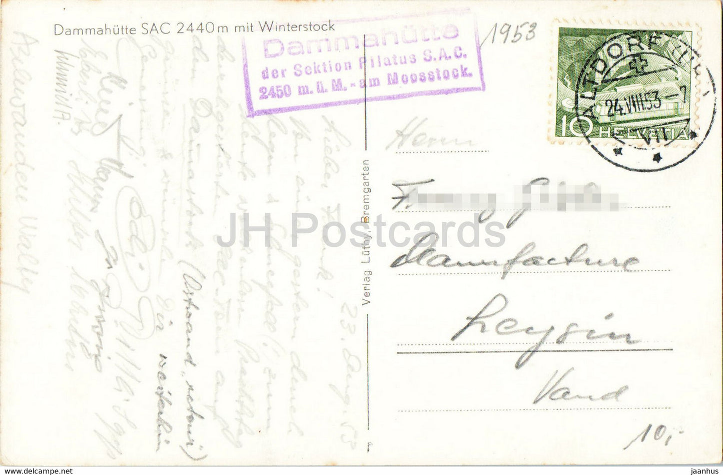 Dammahutte SAC 2440 m mit Winterstock - carte postale ancienne - 1953 - Suisse - utilisé