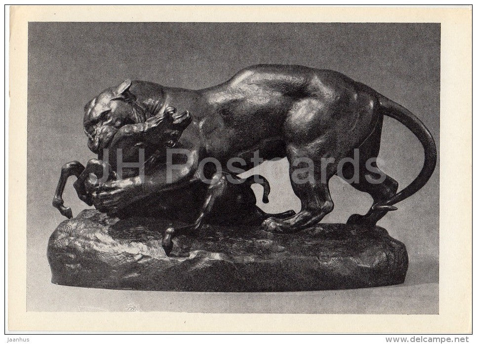sculpture by Antoine-Louis Barye - Lioness and antelope - French art - 1963 - Russia USSR - unused - JH Postcards