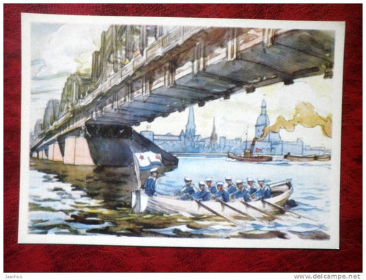 Painting by B. Jaunzems - bridge over the Daugava river in Riga - Navy boat -  latvian art - unused - JH Postcards