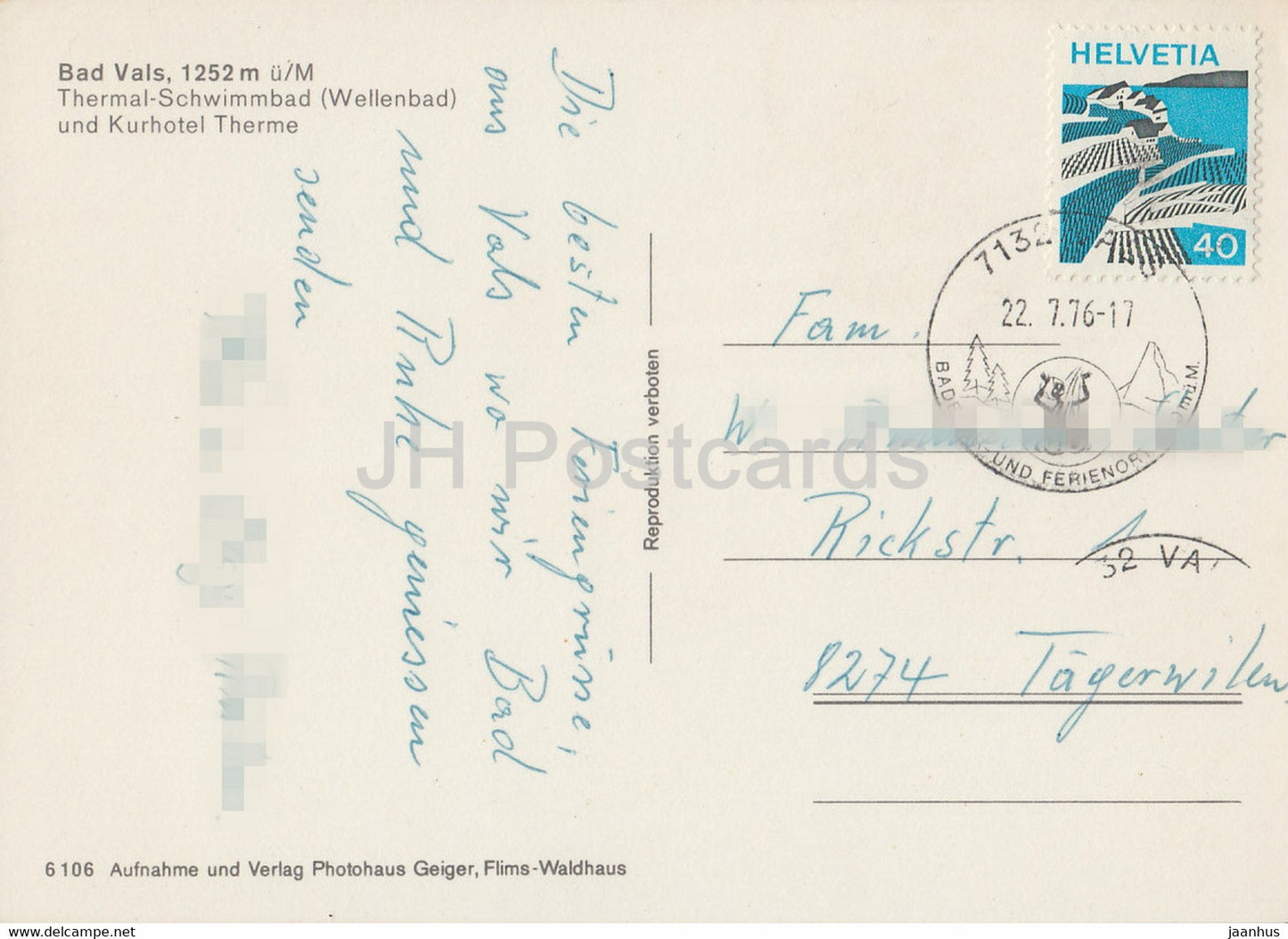 Bad Vals 1252 m - Thermal Schwimmbad und Kurhotel Therme - Hotel - Schwimmbad - 1976 - Schweiz - gebraucht