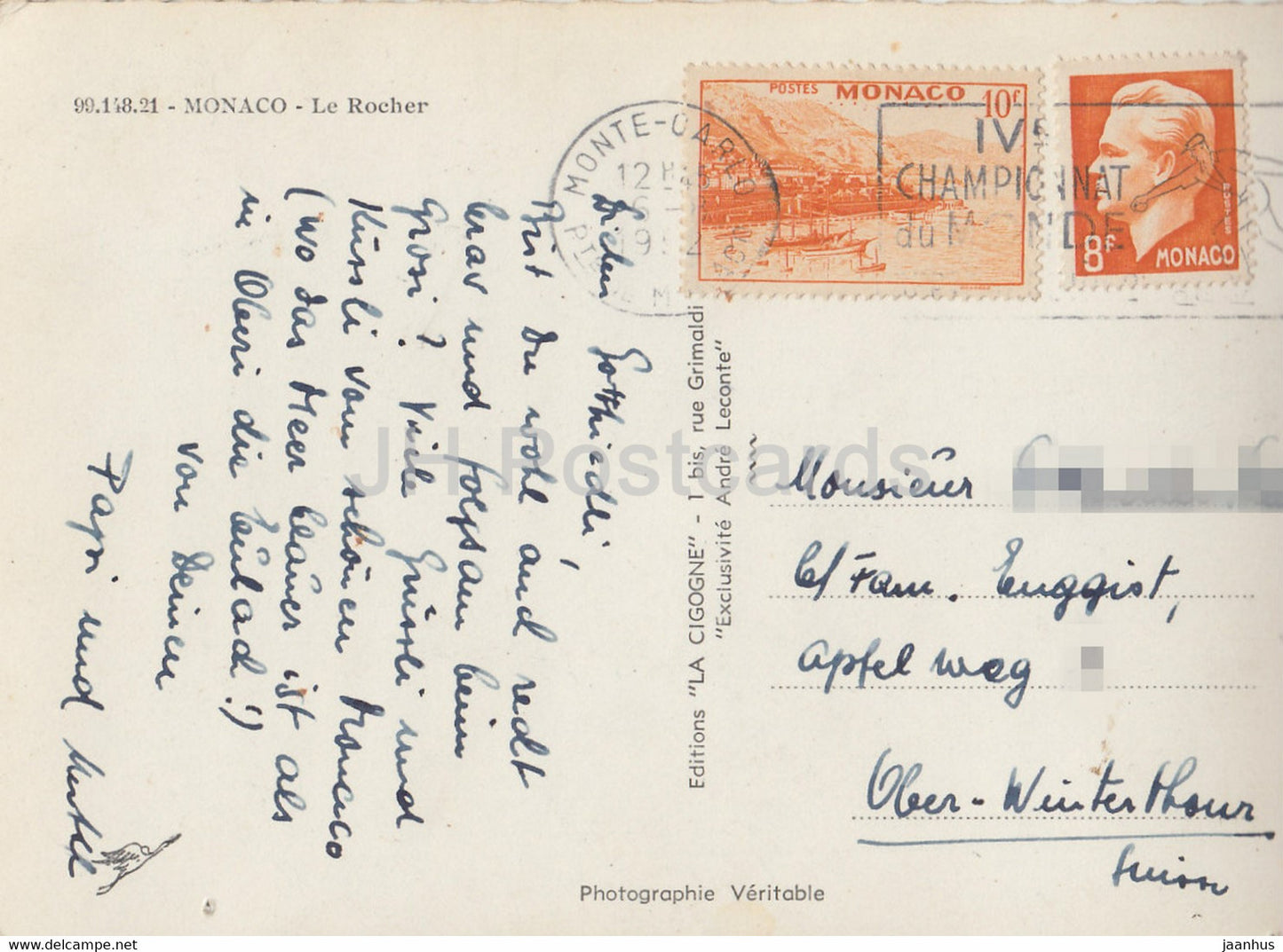 Le Rocher - carte postale ancienne - 1952 - Monaco - occasion