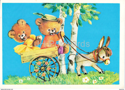 Greeting Card by L. Manilova - bear - donkey - 1984 - Russia USSR - unused - JH Postcards