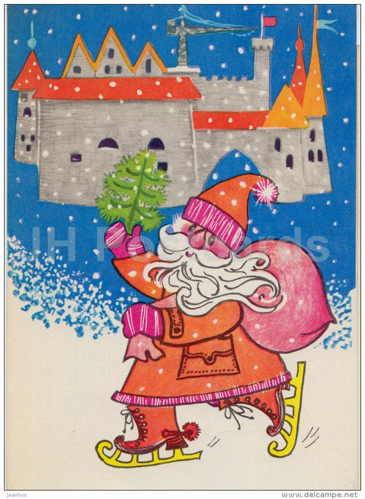 New Year Greeting Card by S. Kalev - Santa Claus - ice skates - Old Town - 1973 - Estonia USSR - used - JH Postcards