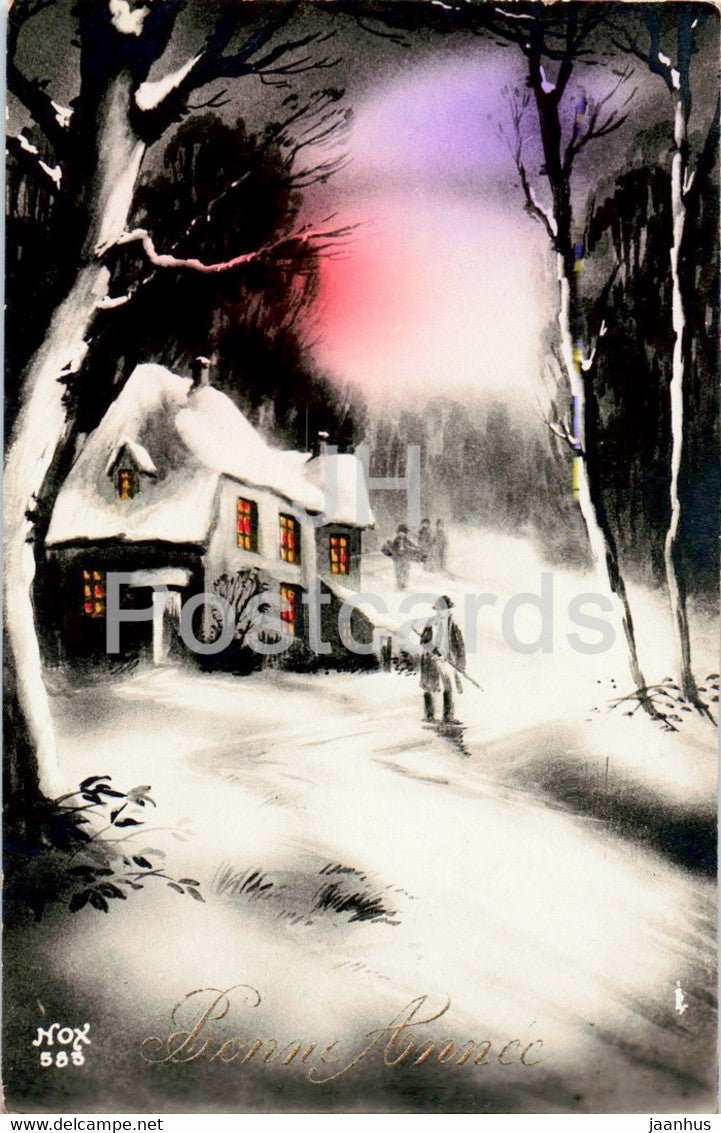 New Year Greeting Card - Bonne Annee - winter house - Nox 583 - old postcard - France - used - JH Postcards