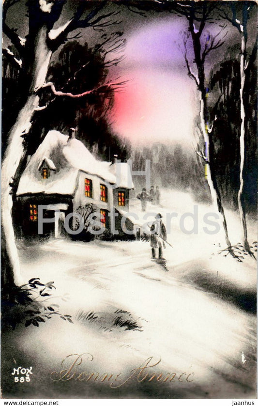 New Year Greeting Card - Bonne Annee - winter house - Nox 583 - old postcard - France - used - JH Postcards