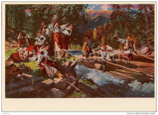 painting by J. Bokshay - Raftsmen , 1947 - people in folk costumes - Ukrainian art - Ukraine USSR - 1964 - unused - JH Postcards