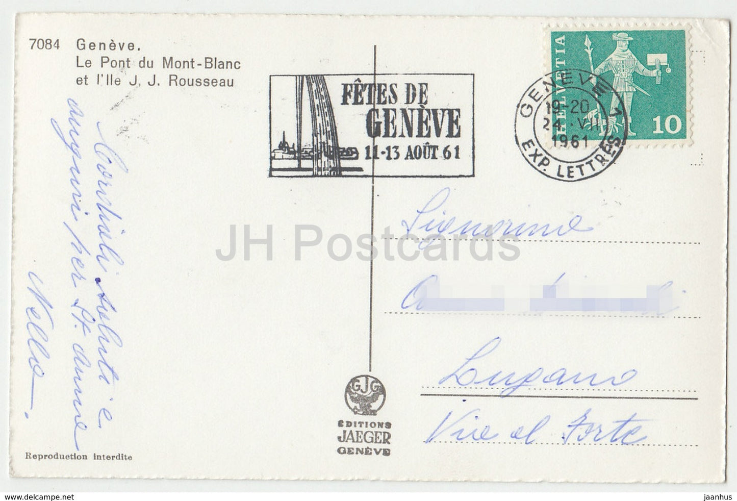 Geneve - Geneva - Le Pont du Mont-Blanc et I'lle J. J. Rousseau - car - 7084 - Switzerland - 1961 - used