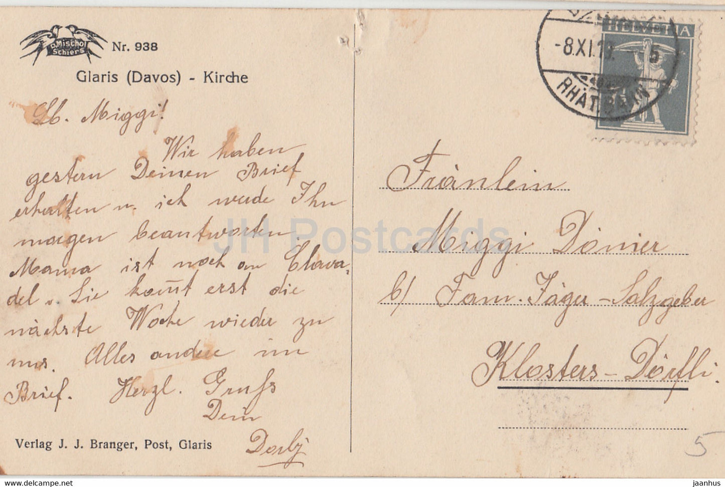 Glaris Davos - Kirche - Kirche - 938 - alte Postkarte - 1919 - Schweiz - gebraucht