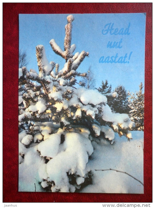 New Year Greeting card - fir trees - snow - 1986 - Estonia USSR - used - JH Postcards