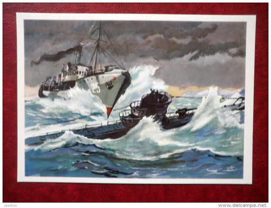 The ramming of german submarine by the patrol cutter Breez - by P. Pavlinov - WWII - 1974 - Russia USSR - unused - JH Postcards