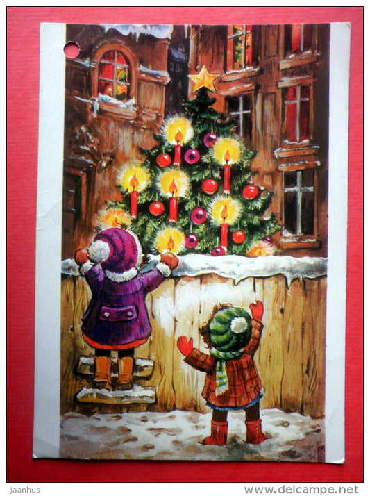 Christmas Greeting Card - christmas tree - children - Finland - circulated in Finland - JH Postcards