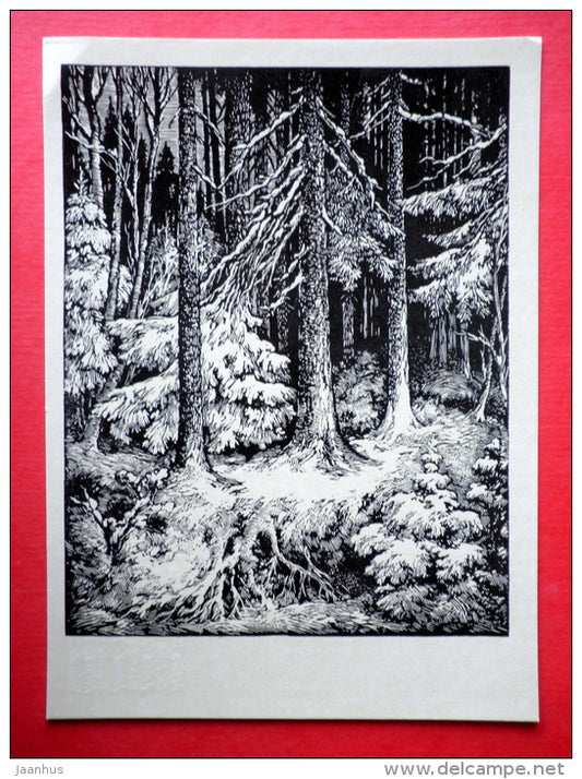 engraving by Arturs Duburs - Forest in Winter . Baldone - latvian art - unused - JH Postcards