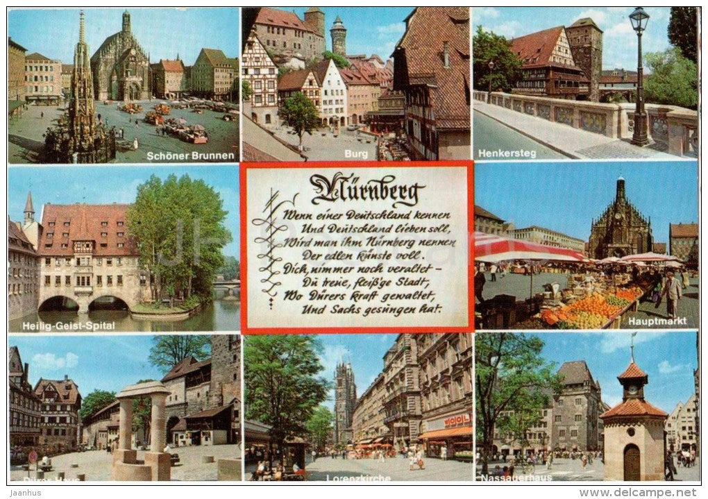 Nürnberg - Schöner Brunnen - Burg - Henkersteg - Hauptmarkt - Dürer-Haus - 8500 - Germany - 1996 gelaufen - JH Postcards