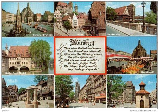 Nürnberg - Schöner Brunnen - Burg - Henkersteg - Hauptmarkt - Dürer-Haus - 8500 - Germany - 1996 gelaufen - JH Postcards
