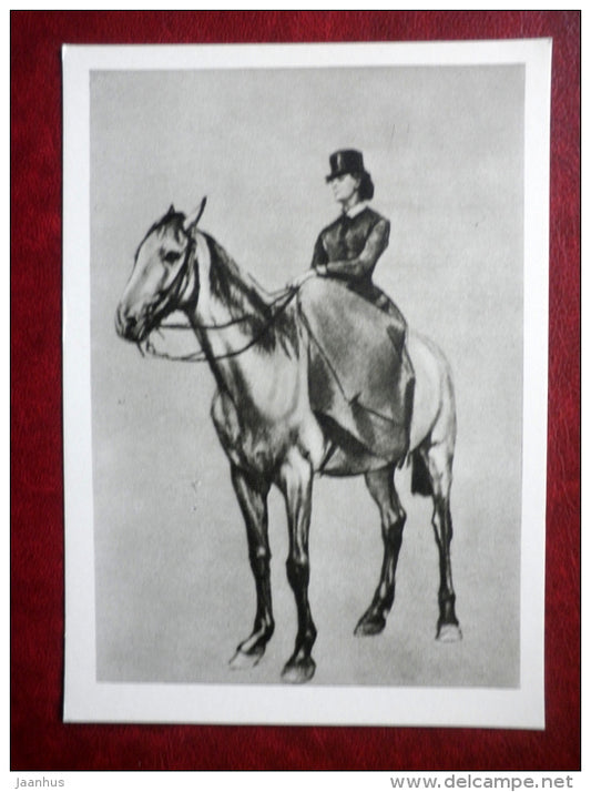 drawing by V. Serov - Portrait of M. Yakunchikova , 1884 - horse - russian art - unused - JH Postcards