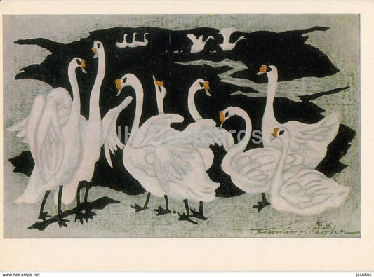 painting by Fumio Kitaoka - New Year Card , 1973 - swan - birds - Japanese art - 1974 - Russia USSR - unused - JH Postcards