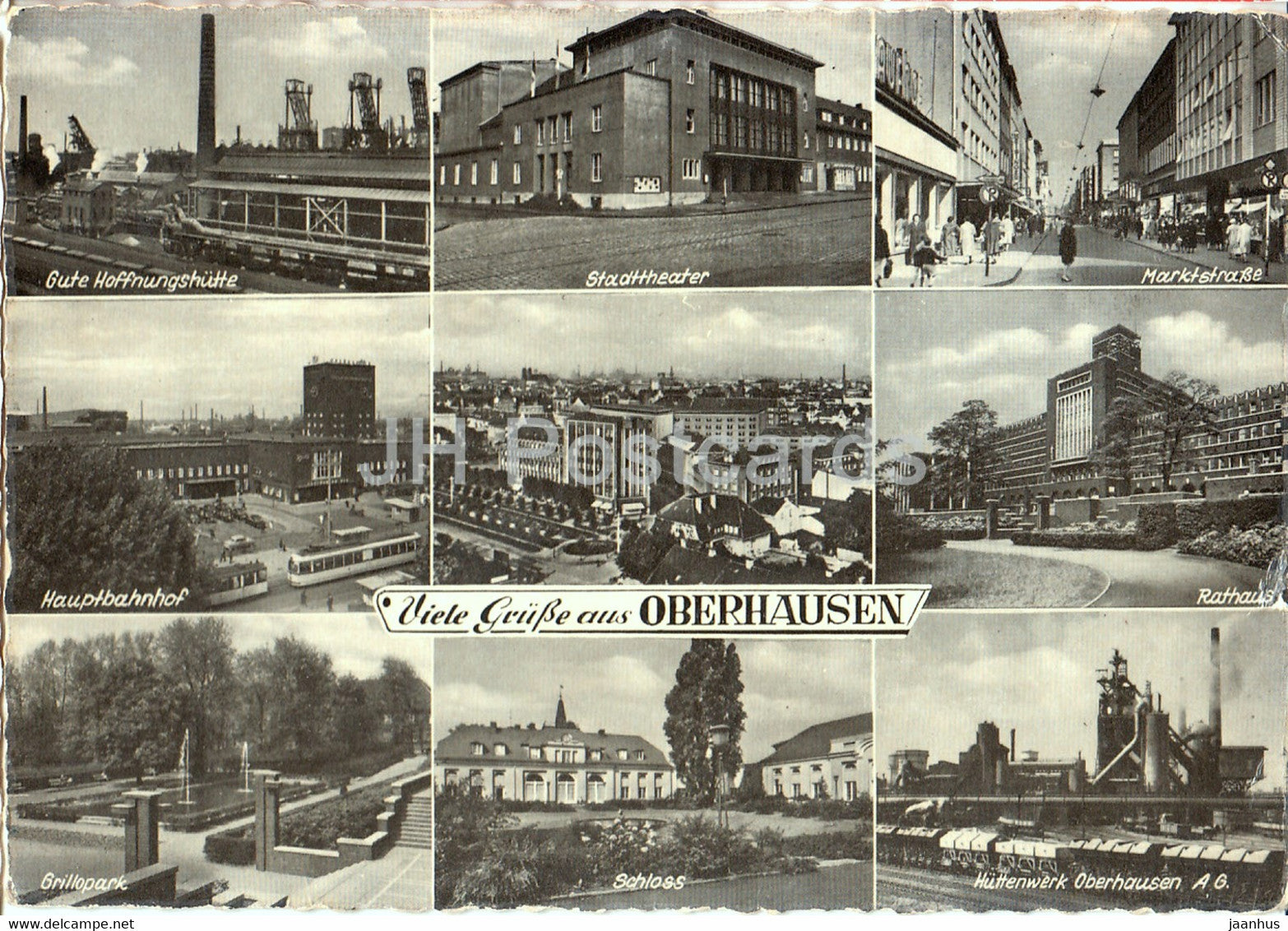 Viele Grusse aus Oberhausen - Stadttheater - Marktstrasse - Haupbahnhof - Rathaus - tram - Schloss 1965 - Germany - used - JH Postcards