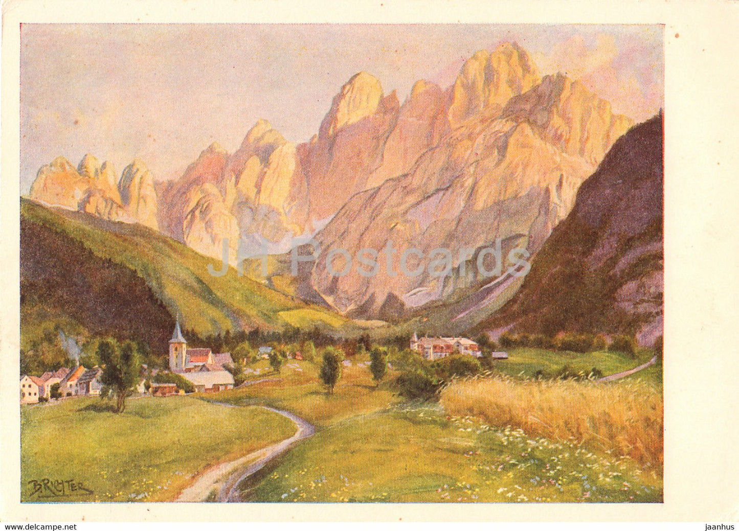 painting by Bruno Richter - Wolfsbach mit dem Wischberge - 734 - German art - Germany - unused - JH Postcards