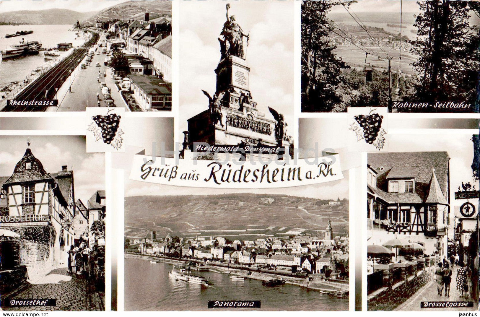Gruss aus Rudesheim a Rh - Rheinstrasse - Drosselhof - Drosselgasse - old postcard - Germany - unused - JH Postcards