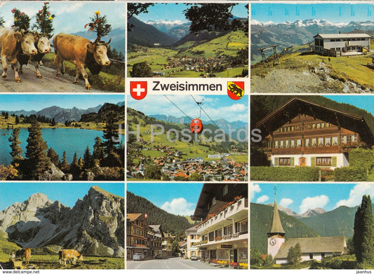 Zweisimmen - cow - cable car - church - multiview - 27000 - Switzerland - 1977 - used - JH Postcards