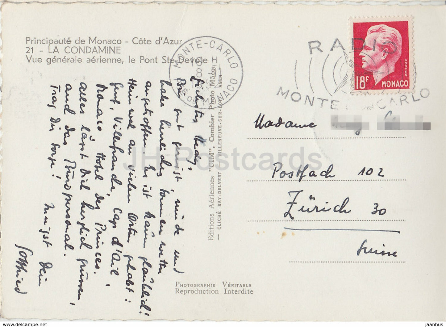 La Condamine - Vue generale aerienne le Pont Ste Devote - alte Postkarte - 1952 - Monaco - gebraucht