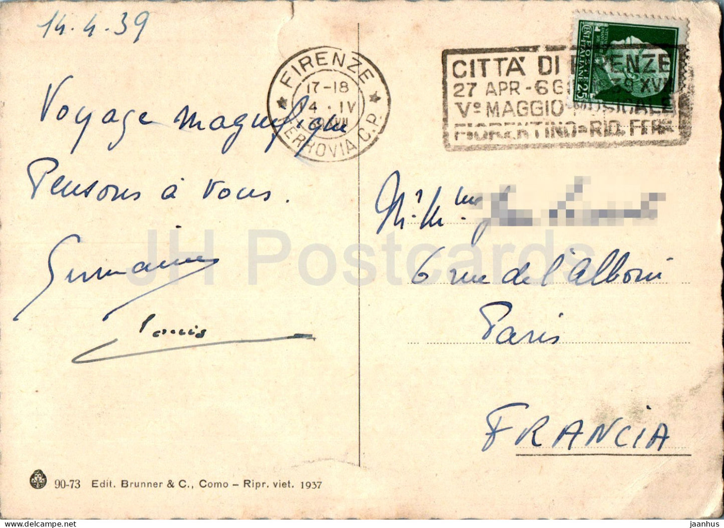 Firenze - Florence - L'Arno e veduta dei Ponti - river - bridge - 90-73 - old postcard - 1939 - Italy - used