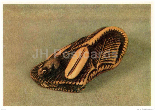 banana leaves, entwined with rope and mouse - ivory - Netsuke - japanese art - unused - JH Postcards