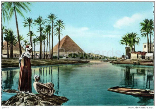 The Pyramids during Nile Flood - No. 5 - palm - El Giza - old postcard - Egypt - unused - JH Postcards