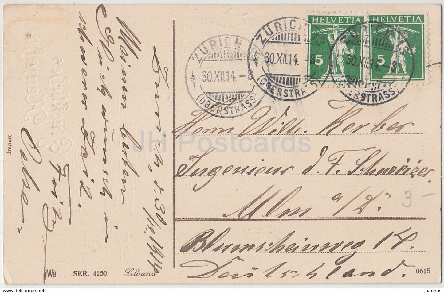 New Year Greeting Card - Gluckliches Neujahr - house - river - HWB SER 4150 - old postcard - 1914 - Germany - used