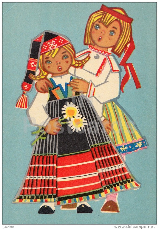 illustration by M. Fuks - girls in Estonian folk costumes - 1965 - Estonia USSR - unused - JH Postcards