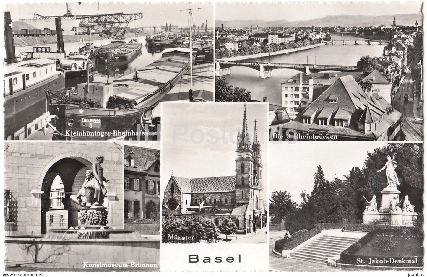 Basel - Basle - Kleinhuninger Rheinhafen - Kunstmuseum Brunnen - ship Edelweiss multiview - 7807 - Switzerland - unused - JH Postcards