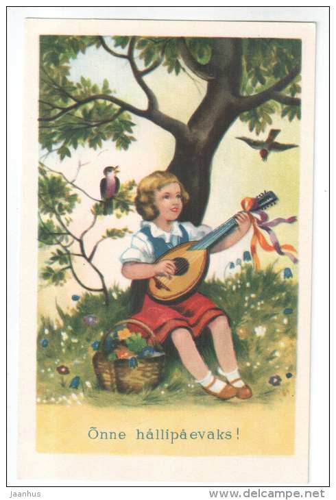Greeting Card - girl playing mandolin - birds - REPRODUCTION - circulated in Estonia - used - JH Postcards