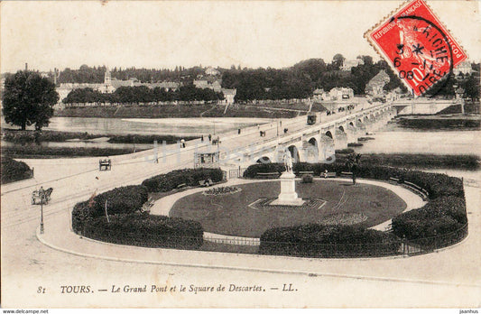 Tours - Le Grand Pont et le Square de Descartes - 81 - bridge - old postcard - 1908 - France - used - JH Postcards