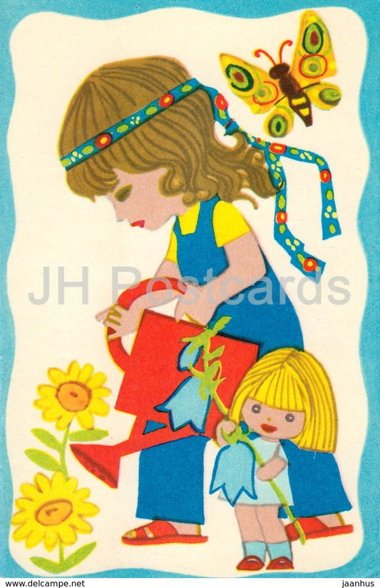 illustration by M. Fuks - Day of Triinu - children - watering flowers - butterfly - 1975 - Estonia USSR - unused - JH Postcards