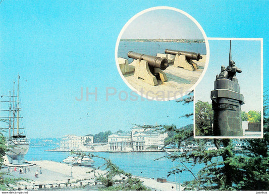 Sevastopol - view of the Artilleriskaya bay - cannon - monument to submariners - Crimea - Ukraine USSR -  unused - JH Postcards