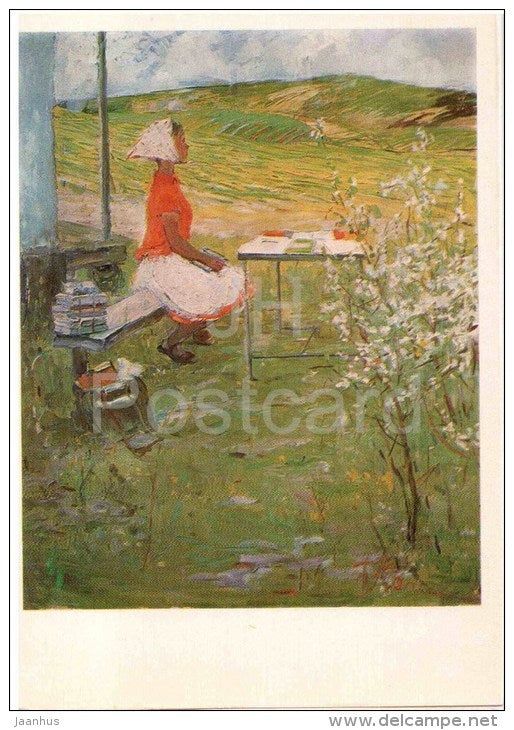 painting by T. Kapkanets - Book-Peddler , 1972 - young woman - ukrainian art - unused - JH Postcards