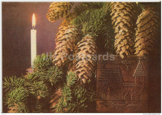 mini New Year greeting card - candle - fir cones - 1971 - Estonia USSR - used - JH Postcards