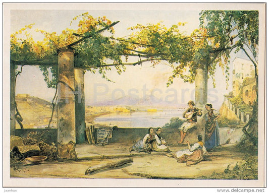 painting by Giacinto Gigante - Naples from the Tomb of Virgil - musician - Italian art - Russia USSR - 1984 - unused - JH Postcards