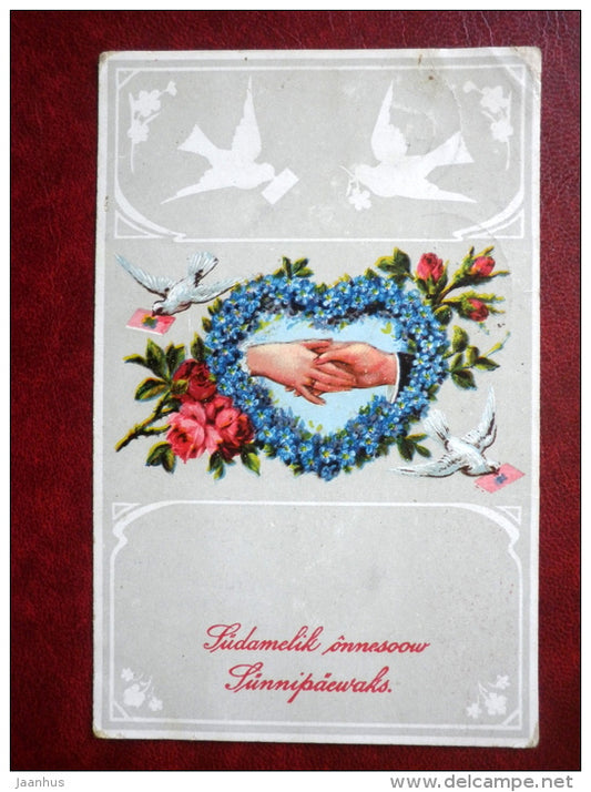 Birthday Greeting Card - flowers - doves - HWB SER 8279 - circulated in 1925 - Estonia - used - JH Postcards
