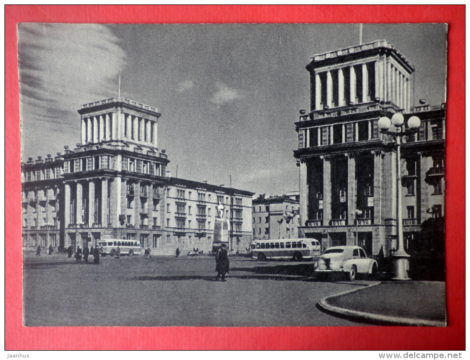 October Square - bus - Norilsk - Yenisei River - 1956 - Russia USSR - unused - JH Postcards