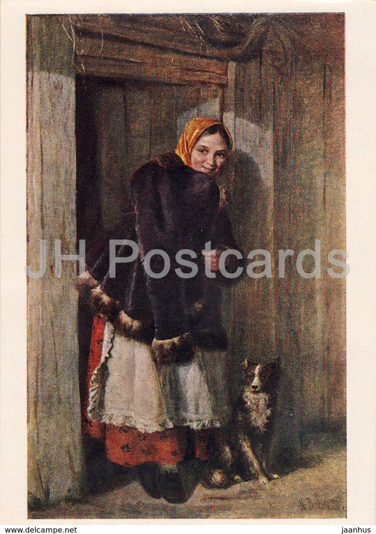 painting by N. Rachkov - At the Door - girl - dog - Russian art - 1955 - Russia USSR - unused - JH Postcards