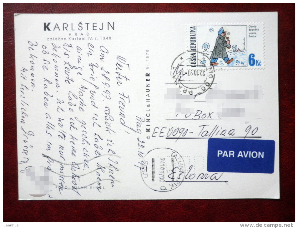 Karlstejn Hrad 1348 - castle - Svejk - Hashek - sent from Czech Republik to Estonia in 1997  - used - JH Postcards