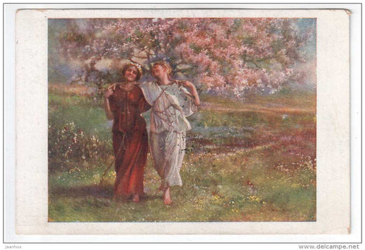 painting by Jobst - Goldene Jugendtage - Golden Youth Days - young women C 84 - sent from Austria to Estonia 1929 - used - JH Postcards